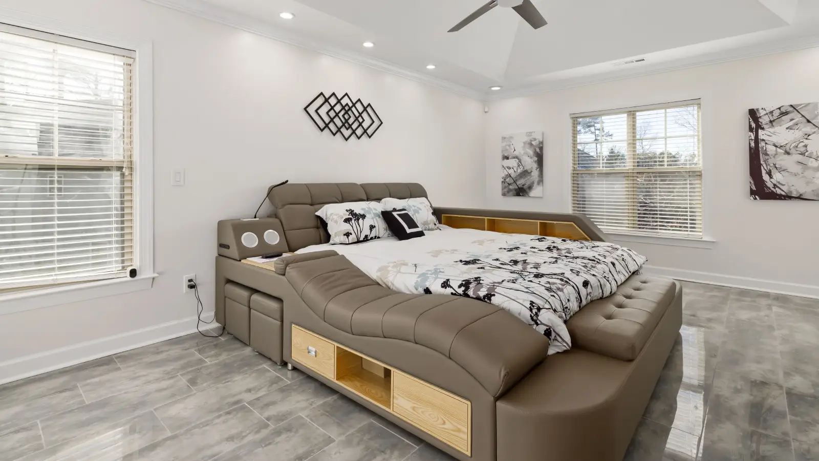 Custom bed in a Dubai villa bedroom, ideally with visible headboard and frame