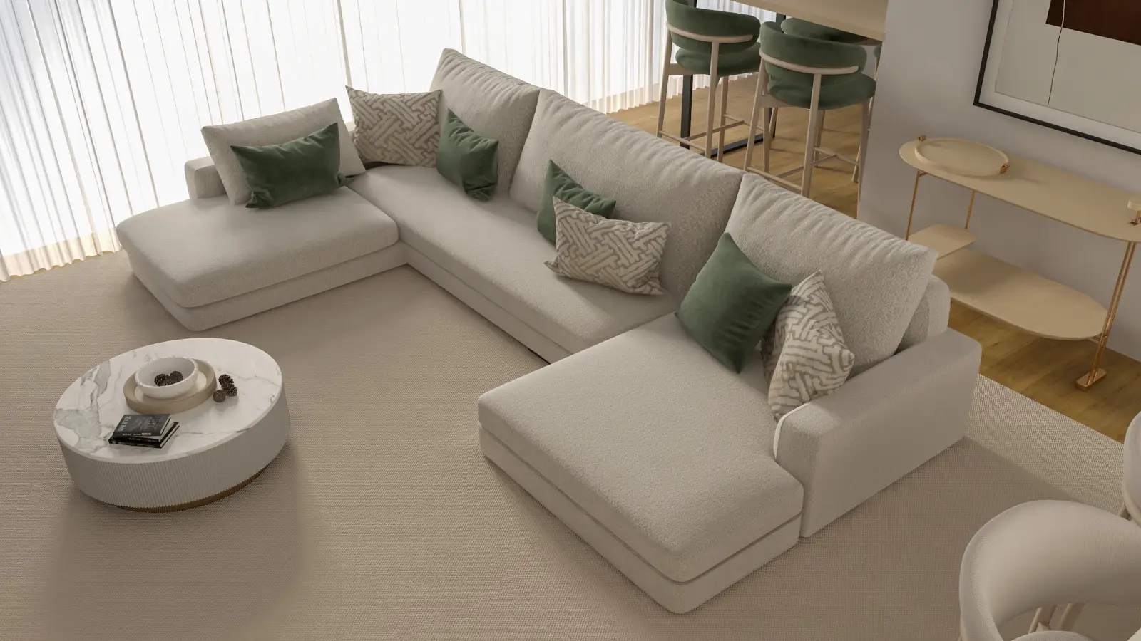 L-shaped sofa in an open-plan Dubai apartment or villa